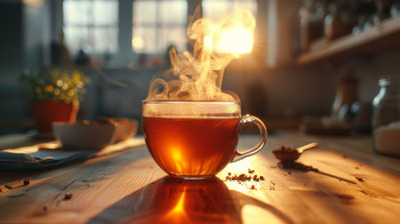 Close up of steaming cup of tea on vintage table - early morning breakfast. Cozy home kitchen. Soft backlight.の素材