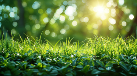 Spring background with green grass and blurred sun rays on bokeh nature background, copy space for text.の素材