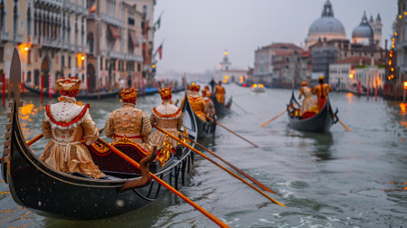 Venetian Carnival. Gondolas glide gracefully along the canals, their occupants adorned in finery, adding a touch of romance and elegance to the revelry.の素材