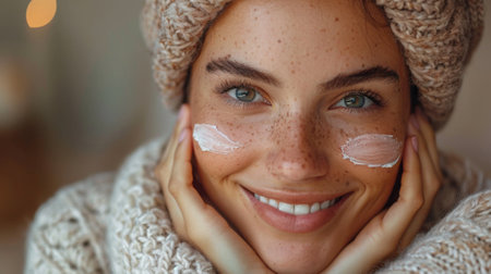 Morning routines. Woman applying face cream during morning routine, mental health concept of self careの素材