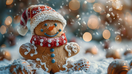 Winter season. The Legendary Winter Creatures. A cheerful gingerbread man with a candy cane hat and a sprinkle of cinnamon sugar, exuding the sweet and festive spirit of the holidays.の素材
