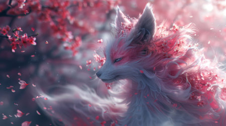 Mythical creatures. A mesmerizing kitsune, its fur a swirl of pink and white like cherry blossoms, dances gracefully with a young human under a canopy of blooming cherry trees.の素材