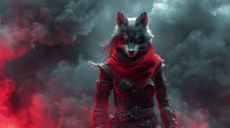 Mythical creatures. Photorealistic Fantasy Art: female kitsune barbarian walking towards the camera, slim fit slender toned lean, very muscular with Dramatic Lightingの素材