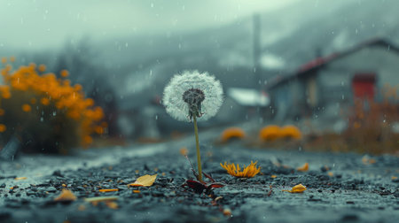 cinematic photo. a dandelion breaks through the concrete in the middle of the road.の素材