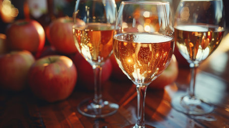 Admire the ciders rich, golden hue, a reflection of the sun-kissed apples from which it was born. The color deepens as the cider ages, hinting at the complex flavors that await your palate.の素材