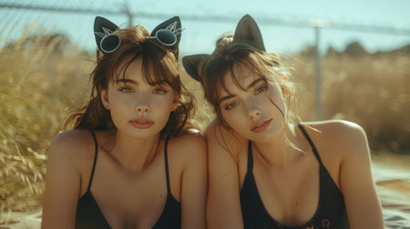 quadrobics . Two pretty women wearing black tank tops and cat masks, laying in the grass with their armsの素材