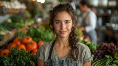 Healthy Lifestyle. zero-waste cooking class demonstrating techniques for using food scraps and leftovers to create delicious meals. woman stands in front of table packed with various vegetablesの素材