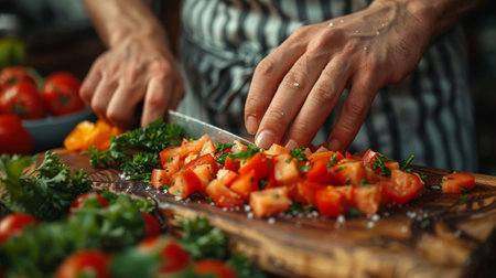 Healthy Lifestyle . Harvard Healthy Eating Plate . A close-up shot of a persons hand chopping fresh vegetables, their expression conveying a sense of enthusiasm for healthy cooking.の素材