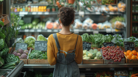 Physical Exercise. Habitual Integration. person making healthy choices at the grocery store, selecting fresh produce and lean protein, representing the connection between exercise and overall well-being.の素材