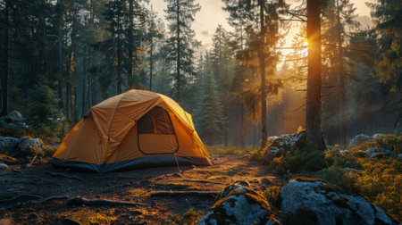 camp tent with bonfire in sunset time in mountains near forest, concept of summer vacation.の素材