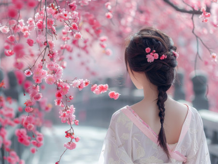 scene asian beautiful Woman in white kimono under the Sakura Tree, back view . Atmosphere Cherry blossom tree. Background Bridge.の素材