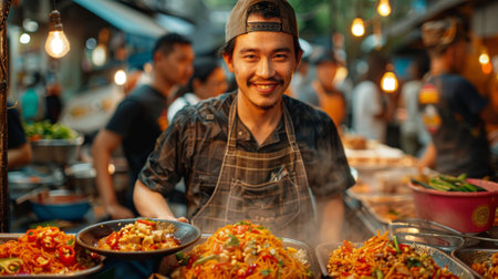 A group of food enthusiasts gathered around a street food vendor in Thailand, savoring the vibrant flavors and aromas of authentic Thai cuisine.の素材