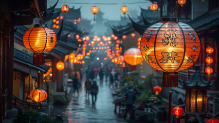 Chinese Lantern Festival. sense of tranquility and festivity pervades the atmosphere as people stroll through lantern-lit streets, enjoying vibrant displays and partaking in traditional festivities.の素材