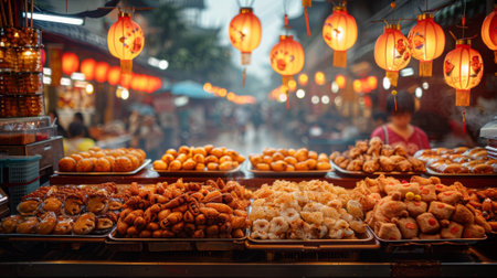 Chinese Lantern Festival. Culinary Delights: Street vendors offer an array of delectable traditional snacks and treats, tempting taste buds and adding to the sensory experience.の素材