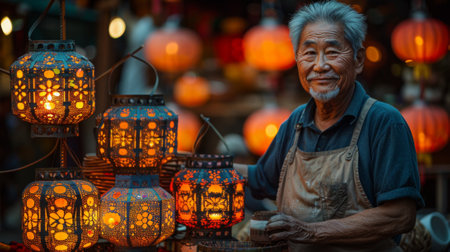 Chinese Lantern Festival. Lantern Artisans: Skilled artisans dedicate their time and expertise to crafting exquisite lanterns, preserving the art form and cultural heritage.の素材