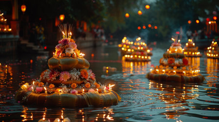 Loy Krathong Festival. Elaborately decorated krathongs, made from banana leaf trunks and adorned with flowers, candles, and incense, drift gracefully along the waterways.の素材