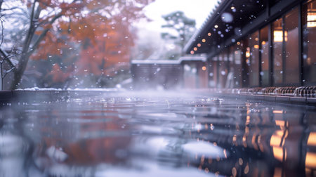 Japan. The steam rising from the onsen pools mingles with the snowflakes falling from the sky, creating a mesmerizing spectacle of nature's contrasting elements.の素材