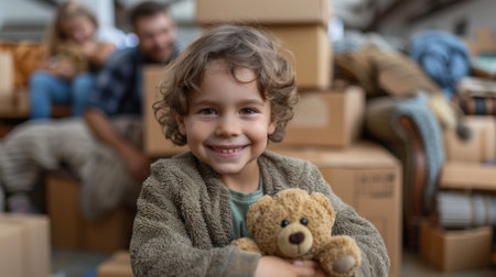Moving. A caucasian family moving into their new home, with a smiling child holding a teddy bear in the foreground amongst cardboard boxes and furniture around themの素材