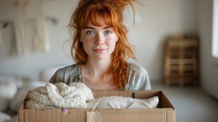 Moving. A redhaired woman carrying a moving box filled with soft cushions and personal items, standing in an empty room with white walls, symbolizing the start of her new home.の素材