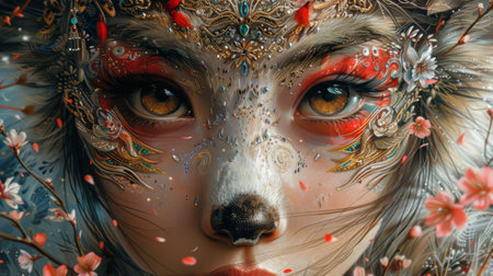 Mythical creatures. girl in kimono, the intricate patterns on her kitsune mask, and the delicate beauty of the cherry blossoms.の素材