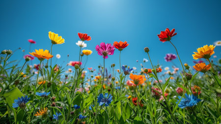 Lush green grass with a variety of wildflowers fills the lower portion and extends to the sides. Clear blue sky occupies the top half, leaving ample space for text overlayの素材
