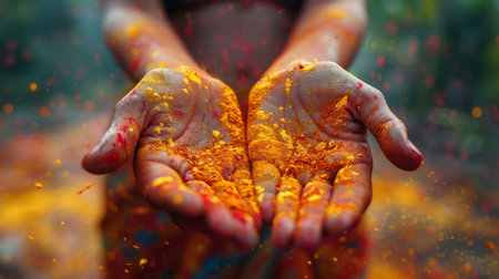 Happy Holi, Concept Indian color festival. close-up female hands with colored powder over darkの素材
