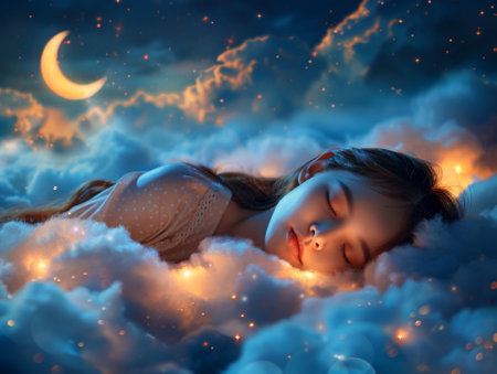 world sleep day. person peacefully sleeping amidst fluffy clouds, with stars twinkling above and a crescent moon casting its gentle glow.の素材