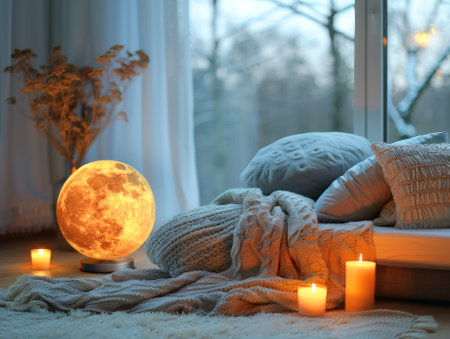 bedroom cozy with lights and candles in evening time, nobody.の素材