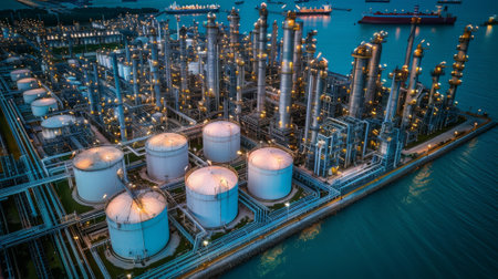 Aerial view of a petrochemical oil and gas industry plant with white tanks for fuel storage at dusk in an industrial area on a river bank, photo with soft light.の素材