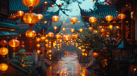 traditional lantern festival in China, surrounded by glowing lanterns and festive music.の素材