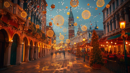Venetian Carnival. Lavish decorations adorn piazzas and buildings, transforming the city into a mesmerizing spectacle of color and light.の素材