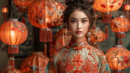 Chinese Lantern Festival. woman in fashion collection of clothing and accessories inspired by the vibrant colors, intricate designs, and cultural symbolism of the Lantern Festival.の素材