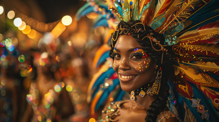 Rio Carnival. The streets are a riot of color, with people dressed in elaborate costumes and sparkling sequins.の素材