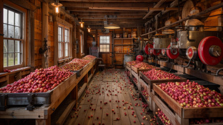 Step into the cider mill, a rustic haven filled with the warmth of aged wood and the comforting hum of machinery. The air is alive with the sweet aroma of freshly pressed applesの素材