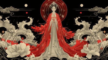 Mythical creatures. Japan myth. Amaterasu Omikami, the compassionate goddess of the sun, gracefully descends from the celestial realm, art nouveau 2d style imageの素材
