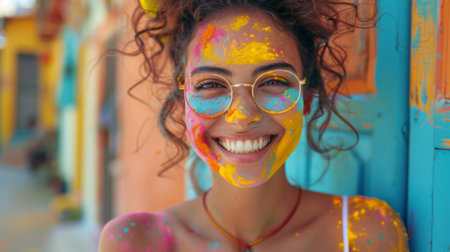 Portrait of an Indian man with colored powder on her face, Holi celebration in a city, smiling and laughing. Happy Holi, Concept Indian color festival.の素材