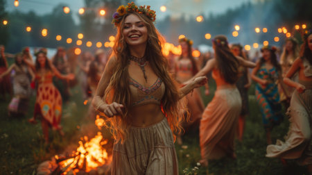 Summer solstice. Beautiful Slavic women dance around the campfire during Kupala Night, traditional Slavic holiday that was originally celebrated on the shortest night of the year.の素材