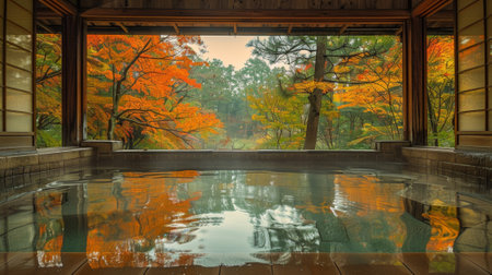 Japan. A lone traveler finds solace in the quiet solitude of an onsen, seeking inner peace and reflection amidst the tranquil surroundings.の素材