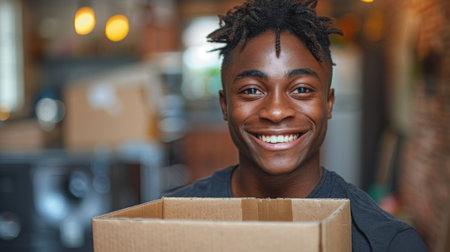 Moving. A young smiling black man is moving into a new apartment, holding a cardboard box and taking out home equipment. The space is left for text. The colors are vibrant and the lightingの素材