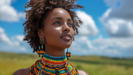 Juneteenth, a day for freedom. A beautiful black woman wearing a colorful Tutsi beaded necklace, standing in the nature looking at the distant blue sky with white clouds.の素材