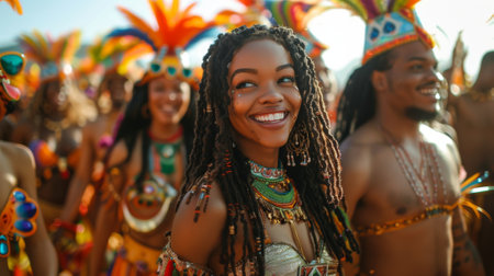 A group of revelers immersed in the vibrant colors and energetic rhythms of the Rio Carnival in Brazil, surrounded by elaborate costumes and pulsating samba music.の素材