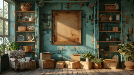 Moving. An attention-grabbing photo of moving boxes and various items in an empty room, symbolizing a perspective for future decor ideas or interior design inspiration.の素材
