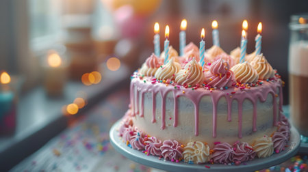 Happy birthday. The Festive Feast. A close-up shot of a delectable birthday cake, adorned with candles, frosting, and sprinkles, representing the sweet indulgence and joy of a birthday treat.の素材