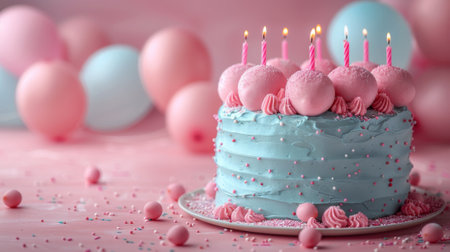 Happy birthday. 3D pastel blue birthday cake with candles and balloons on pink background, in the minimalistic style, free space for text, high resolution photographyの素材