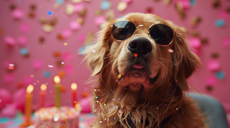 Happy birthday. a dog wearing sunglasses blowing out birthday candles, sitting on chair with confetti everywhere, there is cake and colorful streamers around the table,の素材