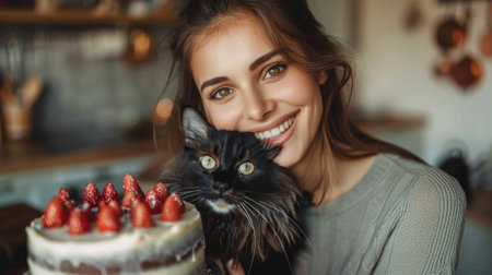 Happy birthday. A happy woman holding her black cat in the kitchen, with a birthday cake on the table in daylight.の素材