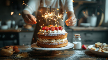 Happy birthday. A person setting off sparklers on top of their birthday cake, creating an atmosphere reminiscent of vintage photography with soft lighting and a rustic feelの素材