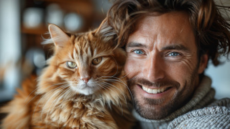 Happy birthday. A photo of a happy man holding his ginger cat in the kitchen. There is a purple birthday cake on the table, with white walls and cabinets and natural light, in the style of cinematic.の素材