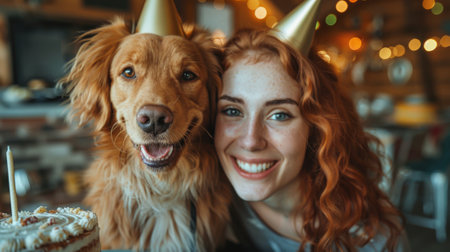 Happy birthday. A woman with curly red hair celebrating her dog's birthday, wearing party hats and sitting at the table in front of cake and decorations. The celebrate together, creating an atmosphereの素材