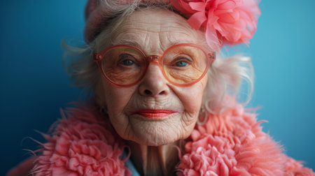Happy birthday. glamor crazy funny grandmother in stylish clothes celebrating her anniversary alone. close up portrait. isolated blue backgroundの素材